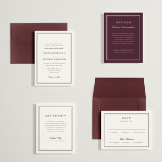 This is a burgundy petite wedding invitations with standard by Stacey Meacham called engraved names printing on signature in petite