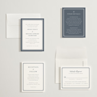 This is a french blue petite wedding invitations with standard by Jennifer Postorino called ariah printing on signature in petite