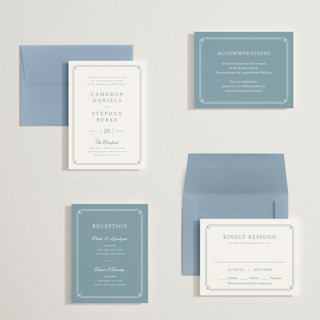 This is a french blue petite wedding invitations with standard by Carolyn MacLaren called fleur corner printing on signature in petite