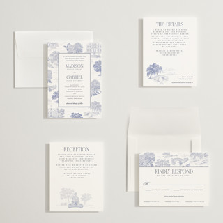 This is a periwinkle petite wedding invitations with standard by Jenna Holcomb called southern charm toile printing on signature in petite
