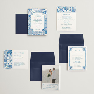 This is a navy petite wedding invitations with standard by Anastasia Makarova called watercolor tile printing on signature in petite