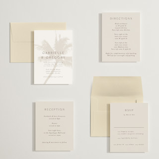 This is a ecru petite wedding invitations with standard by AK Graphics called palm printing on signature in petite