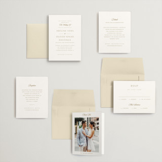 This is a golden petite wedding invitations with standard by Stacey Meacham called classic decorum printing on signature in petite