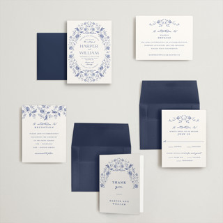 This is a blue willow petite wedding invitations with standard by Susan Zinader called daisy toile printing on signature in petite