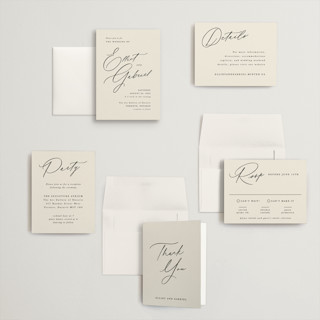 This is a ecru petite wedding invitations with standard by Hooray Creative called scripted names printing on signature in petite