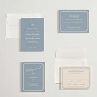 This is a french blue petite wedding invitations with standard by Carolyn MacLaren called bevel monogram printing on signature in petite
