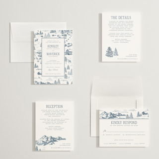 This is a denim petite wedding invitations with standard by Jenna Holcomb called aspen toile printing on signature in petite