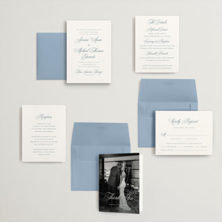 This is a dusty blue petite wedding invitations with standard by Jennifer Postorino called empire printing on signature in petite