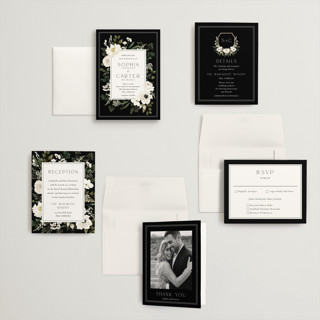 This is a black tie petite wedding invitations with standard by Susan Moyal called botanical love printing on signature in petite
