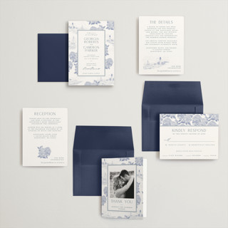 This is a periwinkle petite wedding invitations with standard by Jenna Holcomb called coastal toile printing on signature in petite