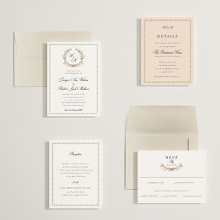 This is a blush petite wedding invitations with standard by Susan Moyal called monogramed printing on signature in petite
