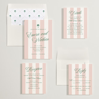 This is a taffy wedding invitations with standard by Susan Zinader called island palm printing on signature in standard