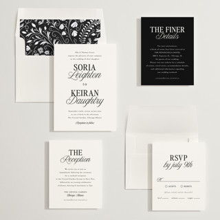 This is a black tie wedding invitations with standard by Melanie Kosuge called soria printing on signature in standard