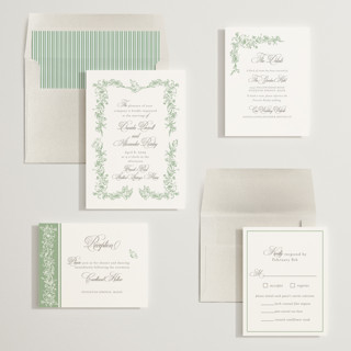 This is a mint wedding invitations with standard by Melinda Denison called romantic garden printing on signature in standard