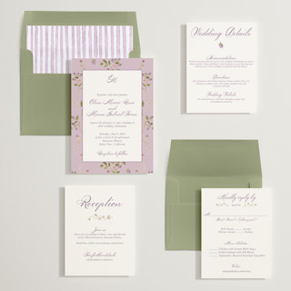This is a lilac wedding invitations with standard by Nicole Dragomir called wild berry watercolor printing on signature in standard