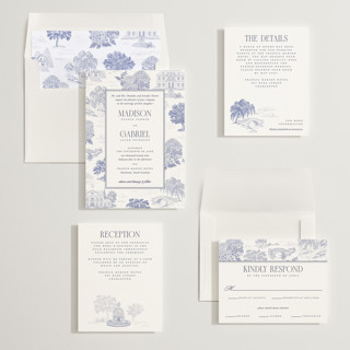 This is a periwinkle wedding invitations with standard by Jenna Holcomb called southern charm toile printing on signature in standard