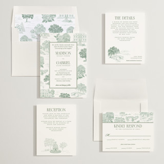 This is a ivy wedding invitations with standard by Jenna Holcomb called southern charm toile printing on signature in standard