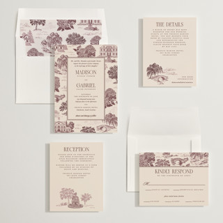 This is a mulberry wedding invitations with standard by Jenna Holcomb called southern charm toile printing on signature in standard