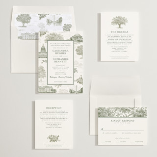 This is a olive wedding invitations with standard by Jenna Holcomb called washington dc toile printing on signature in standard