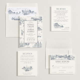 This is a navy wedding invitations with standard by Jenna Holcomb called new york toile printing on signature in standard
