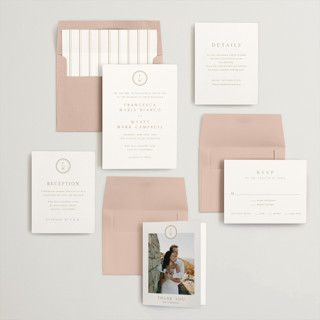 This is a golden wedding invitations with standard by Stacey Meacham called circle monogram printing on signature in standard