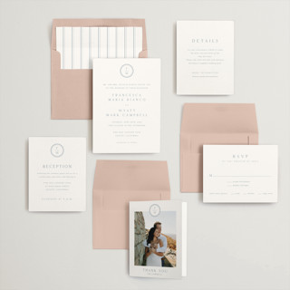 This is a dusty blue wedding invitations with standard by Stacey Meacham called circle monogram printing on signature in standard