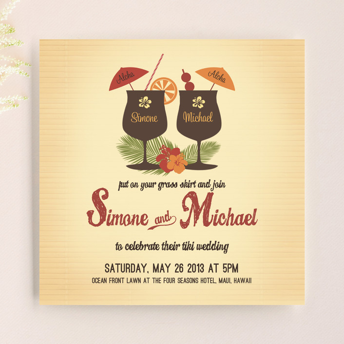 Tiki Luau Wedding Invitations By Designkandy Minted Tiki Luau Whimsical Funny Destination Wedding Invitations In Cherry By Designkandy