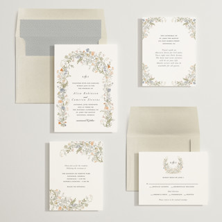 This is a peach wedding invitations with standard by Lori Wemple called flowering arch printing on signature in standard