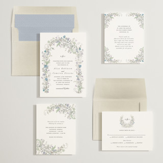 This is a denim wedding invitations with standard by Lori Wemple called flowering arch printing on signature in standard