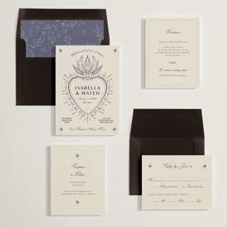 This is a indigo wedding invitations with standard by Ani Somi called milagro printing on signature in standard
