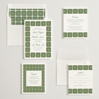 This is a sage wedding invitations with standard by Katharine Watson called block print tile printing on signature in standard
