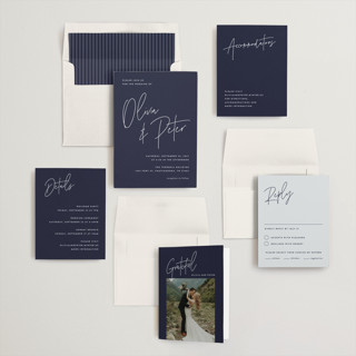 This is a navy wedding invitations with standard by JoAnn Jinks called signed printing on signature in standard