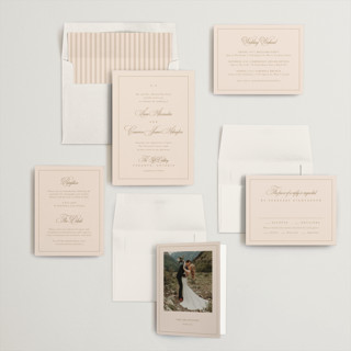 This is a champagne wedding invitations with standard by Kelly Schmidt called greenwood printing on signature in standard