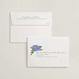 This is a periwinkle wedding invitations with standard by Susan Moyal called hydrangea frame printing on signature in standard