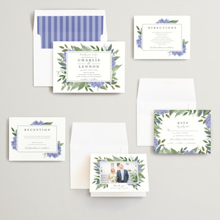 This is a periwinkle wedding invitations with standard by Susan Moyal called hydrangea frame printing on signature in standard