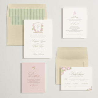 This is a rosebud wedding invitations with standard by Creo Study called coastal crest printing on signature in standard