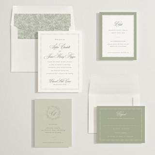 This is a sage green wedding invitations with standard by Design Lotus called amalfi blue printing on signature in standard