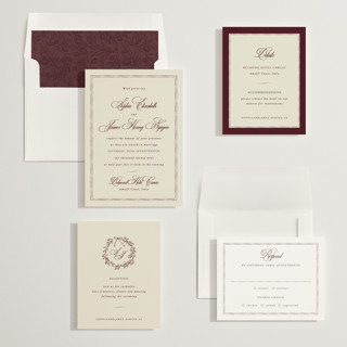 This is a maroon wedding invitations with standard by Design Lotus called amalfi blue printing on signature in standard