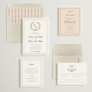 This is a blush wedding invitations with standard by Susan Moyal called monogramed printing on signature in standard