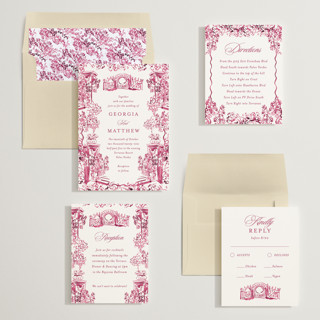 This is a fuchsia wedding invitations with standard by Becky Nimoy called gates and pillars printing on signature in standard