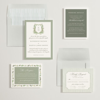 This is a sage wedding invitations with standard by Sarah Knight called greenery crest printing on signature in standard