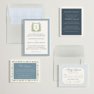 This is a lake wedding invitations with standard by Sarah Knight called greenery crest printing on signature in standard