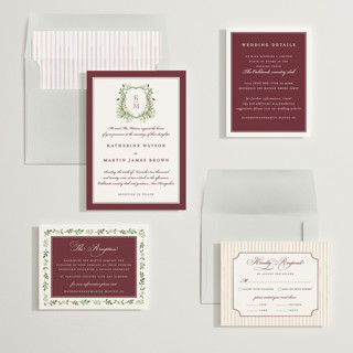 This is a merlot wedding invitations with standard by Sarah Knight called greenery crest printing on signature in standard