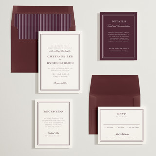 This is a burgundy wedding invitations with standard by Stacey Meacham called engraved names printing on signature in standard
