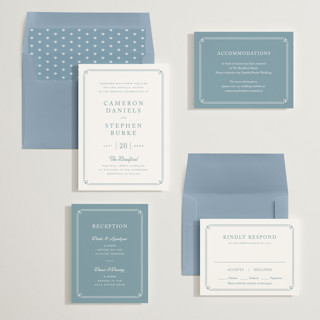 This is a french blue wedding invitations with standard by Carolyn MacLaren called fleur corner printing on signature in standard