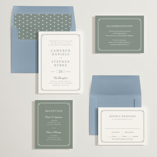 This is a sage wedding invitations with standard by Carolyn MacLaren called fleur corner printing on signature in standard