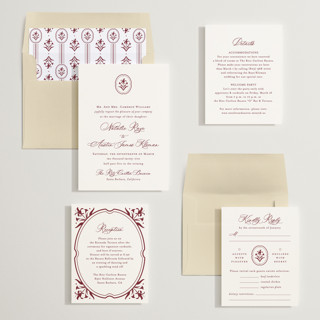 This is a burgundy wedding invitations with standard by Jennifer Postorino called calia printing on signature in standard