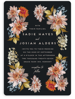 This is a navy wedding invitations with standard by Olivia Kanaley Inman called dahlia season printing on signature in standard
