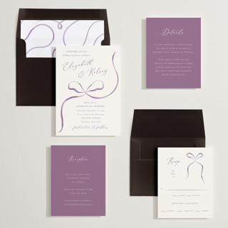 This is a lilac wedding invitations with standard by Corinne Malesic called bow printing on signature in standard