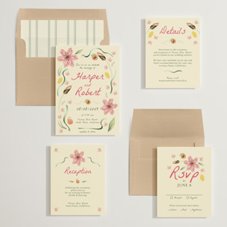This is a blush wedding invitations with standard by Emily Miranda called romantic tropical wedding printing on signature in standard